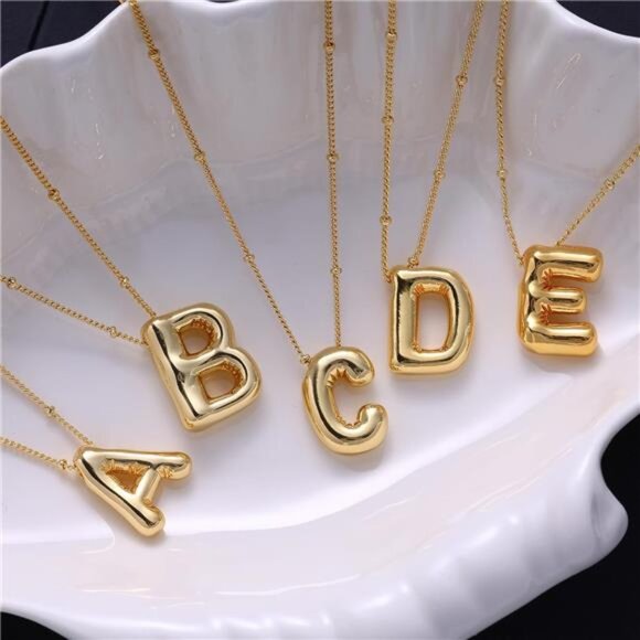 Bubble Letter Initial Necklace 14K Gold Plated Balloon Pendant, Adjustable Chain - Picture 1 of 4